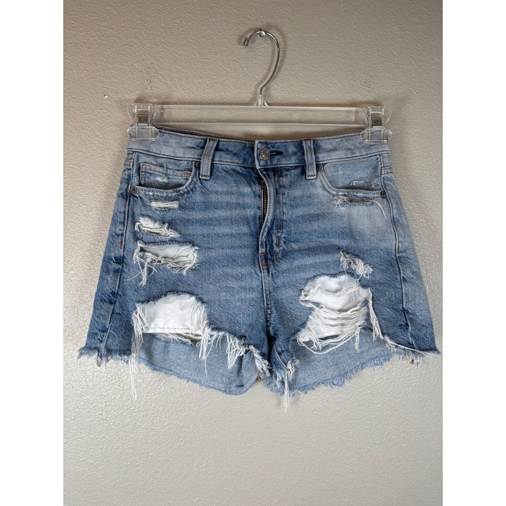 American Eagle Mom Shorts Womens 0 Super Distressed Denim High Waisted Frayed